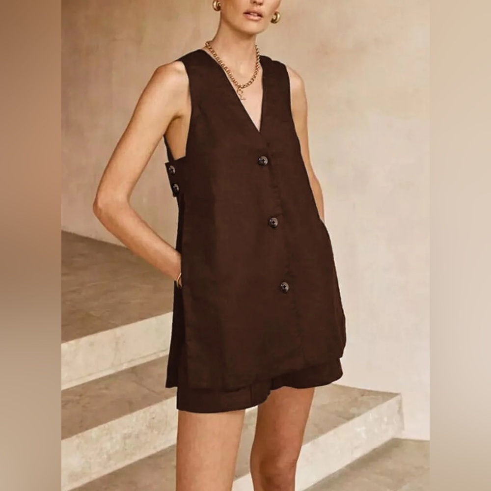 Commense Brown Sleeveless Buttoned Vented Vest and Shorts Set